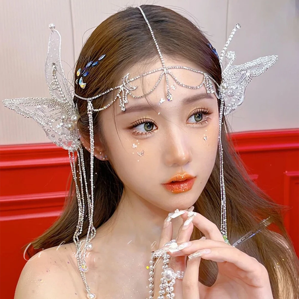 Butterfly Shaped Beaded Sequins Hairpin A Pair of Forest Elves Forehead Makeup Bridal Wedding Headdress