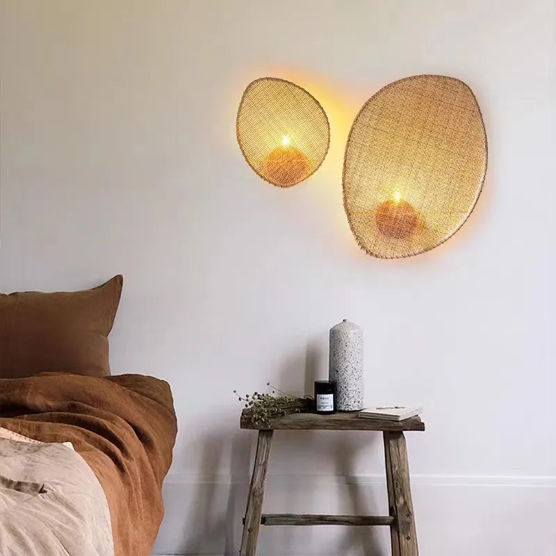 Lampa ścienna Wabi sabi japońska dekoracja pokoju rattanowa lampa ręcznie tkana sypialnia w salonie obok światło na korytarz korytarza Retro