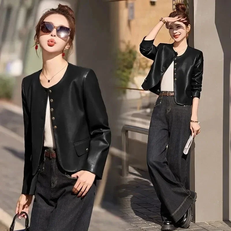 Chaqueta de cuero para mujer, abrigo corto de cuero informal con cuello redondo, moda Retro, primavera y otoño, 2026
