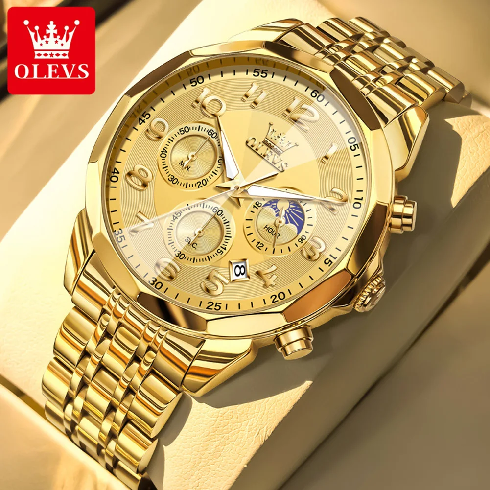 

OLEVS Luxury Business Gold Stainless Steel Men's Watch Luxury Calendar Chronograph Moon Phase Quartz Watch Men's Clock