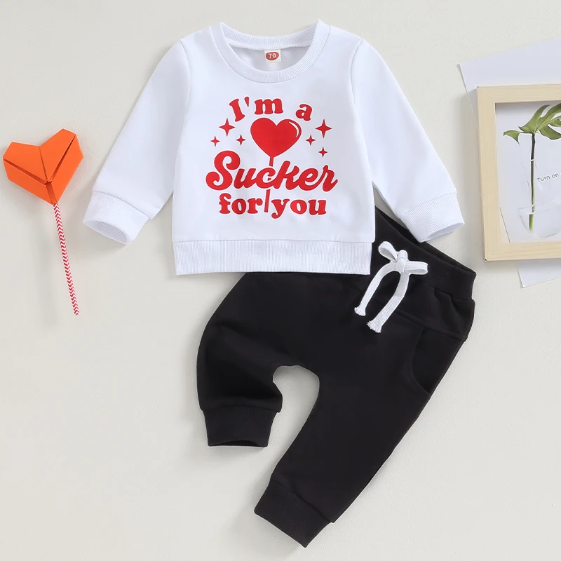 

Toddler Boy Valentine's Day Closes Letter&Heart Print Long Sleeve Pullover Elastic Waist Pants 2Pcs Warm Outfit