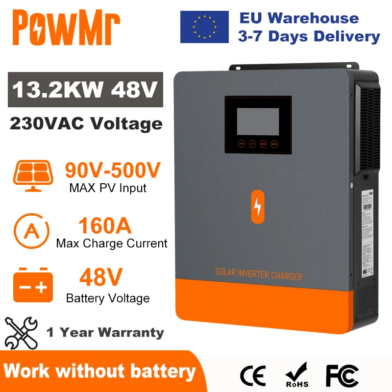 Inversor Solar Híbrido PowMr 10.2KW 48V 220V On Grid Off Grid com Entrada Dupla, Saída Dupla, MPPT 160A e Carregador de Bateria Solar