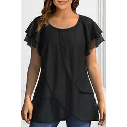 Plus Size Summer Casual Black Solid Chiffon Ruffle Sleeve Layered Asymmetrical Hem Blouse Round Neck Women's Tops