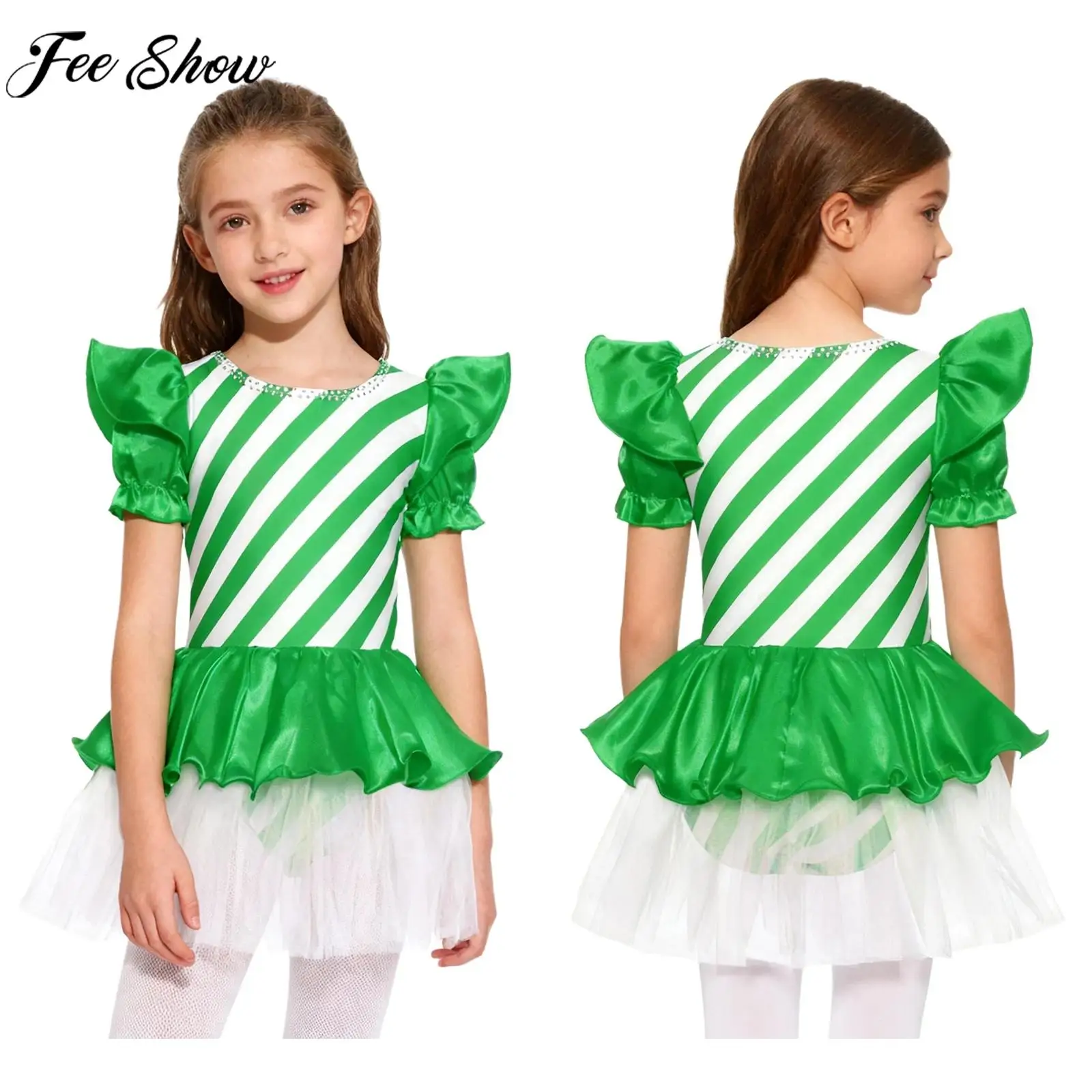 

Children Girls Christmas Xmas Santa Elf Costume Short Sleeve Candy Cane Striped Tulle Dress Skating Ballet Dance Tutu Leotard