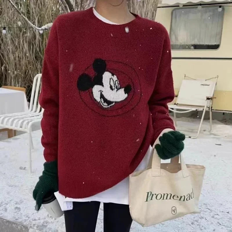 Disney Mickey Knitted Sweater Women\'s Autumn and Winter 2024 New Loose Knitted Sweater Women\'s Pajamas Warm Homewear Cartoon Top