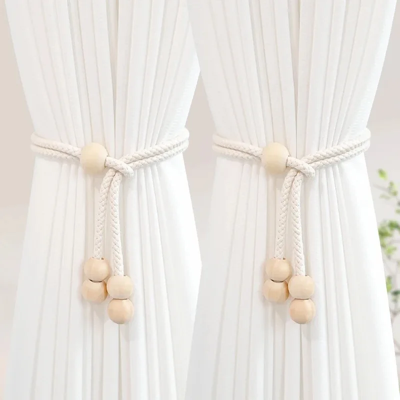 2pcs Small Wood Bead Curtain Tieback,  Adjustable Sheer Curtain Fastening Strap, Curtain Gathering Strap Home Window Accessories