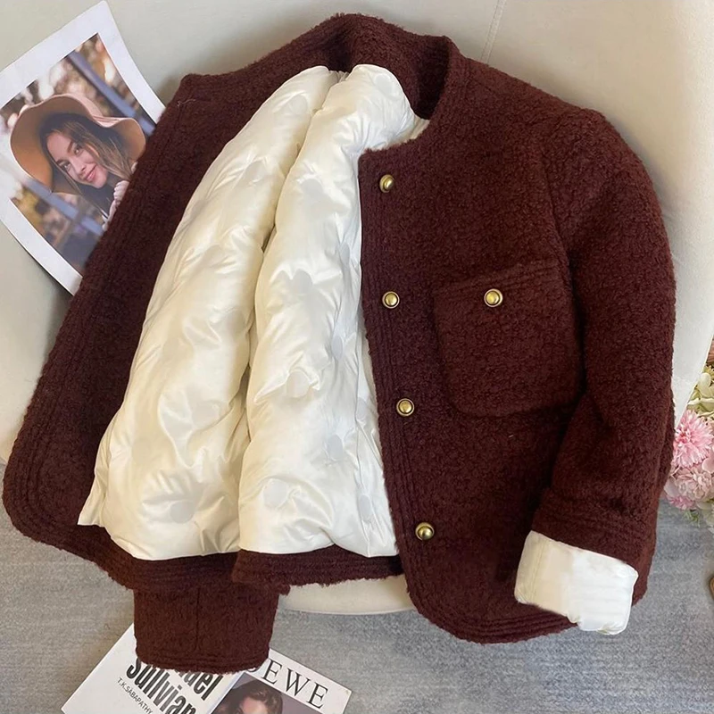 

Winter Thick Faux Wool Coat Women Korean Elegant Hepburn Style Loose Warm Jacket Y2K Streetwear Single Breasted Blended Outwear