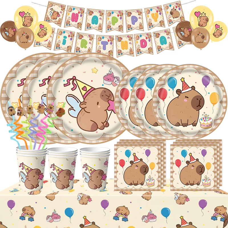 Capybara – décoration d'anniversaire, vaisselle, ballons, tasses, assiettes, Kit de bannière, toile de fond, ensemble de fournitures de décoration de dessin animé, nouvelle collection