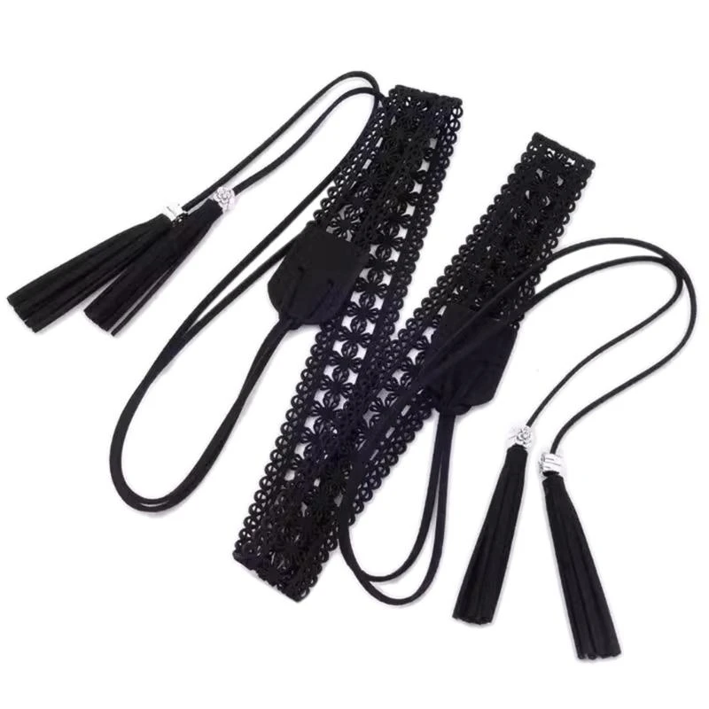 

652F Cowgirl Waist Belts for Skinny Vintage Tie Belt with Tassels for Y2K Impressive Cowboy Stage Street Dance