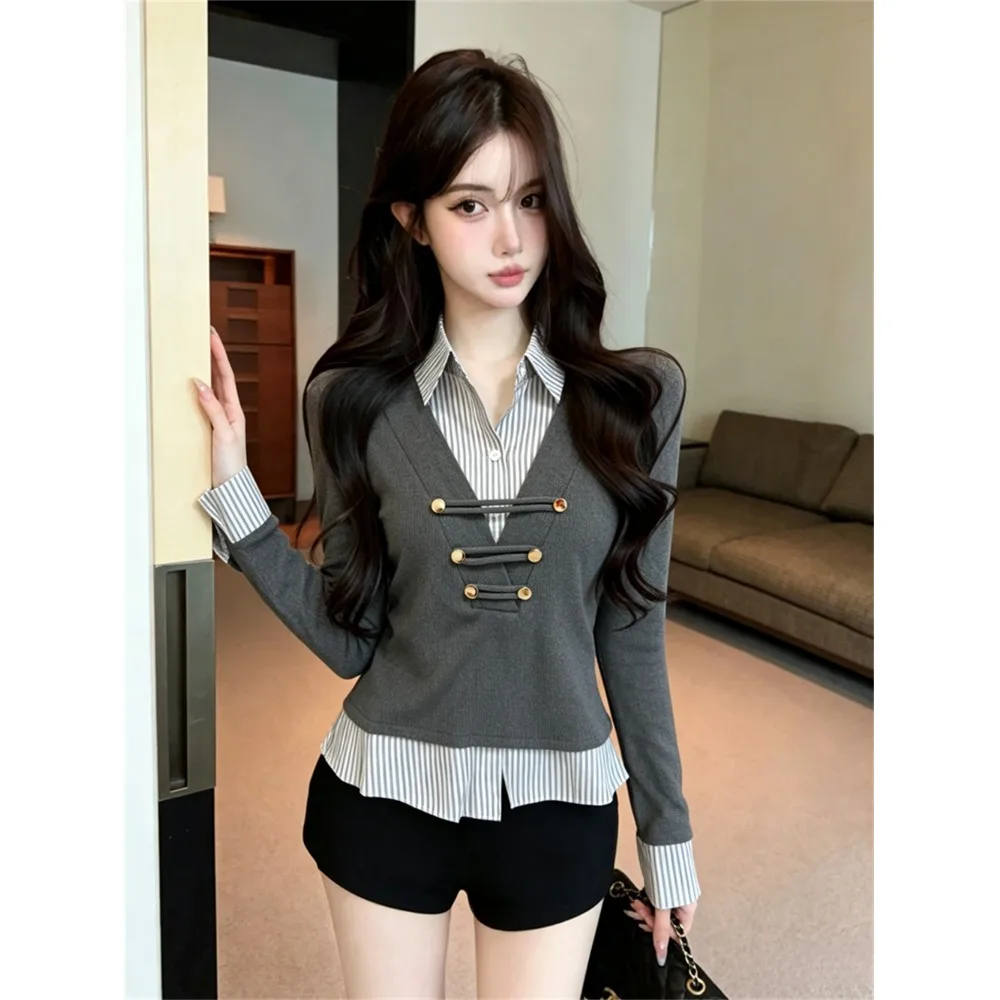 Sweet Style Long Sleeve  Neck T-Shirt Patchwork Slim Fit Autumn Design Sense Fake Two-Piece Set Head Design Women's Top