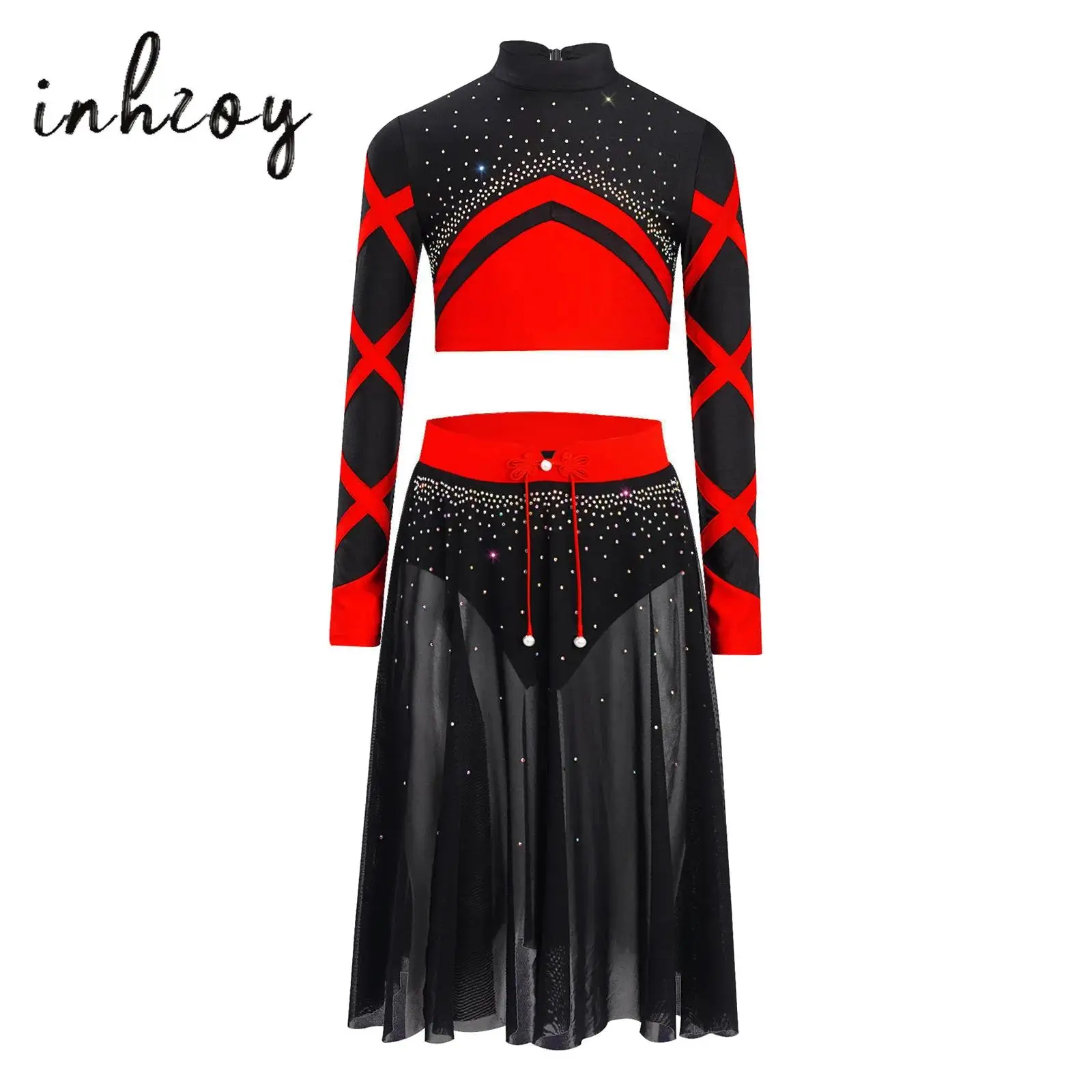 

Kids Girls Modern Lyrical Dance Outfit Long Sleeve Keyhole Back Shiny Rhinestones Crop Top+Knot Button Mesh Overlay Skirt Set