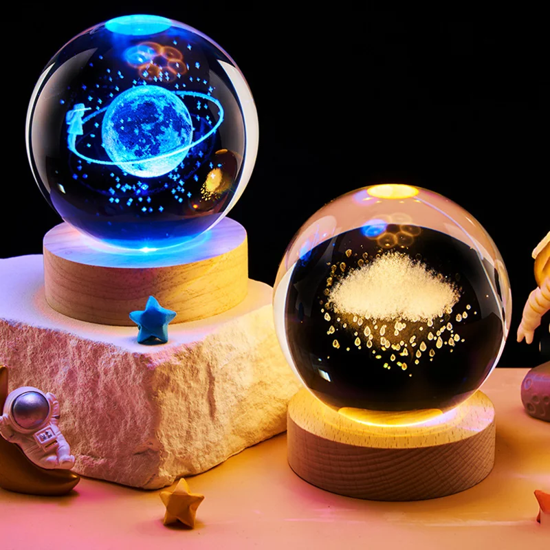 1pc Bedside Lamp Solar Theme Cosmos Series Crystal Ball Night Lights Milky Way Moon Small Ornaments for Desk Creative Gift