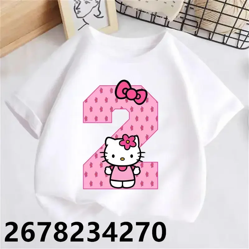 Hello Kitty Children White T-shirt Birthday Number 1-9 Shirts Kawaii Sanrio Y2k Cartoons Kid Girl Boy Streetwear Casual Clothes