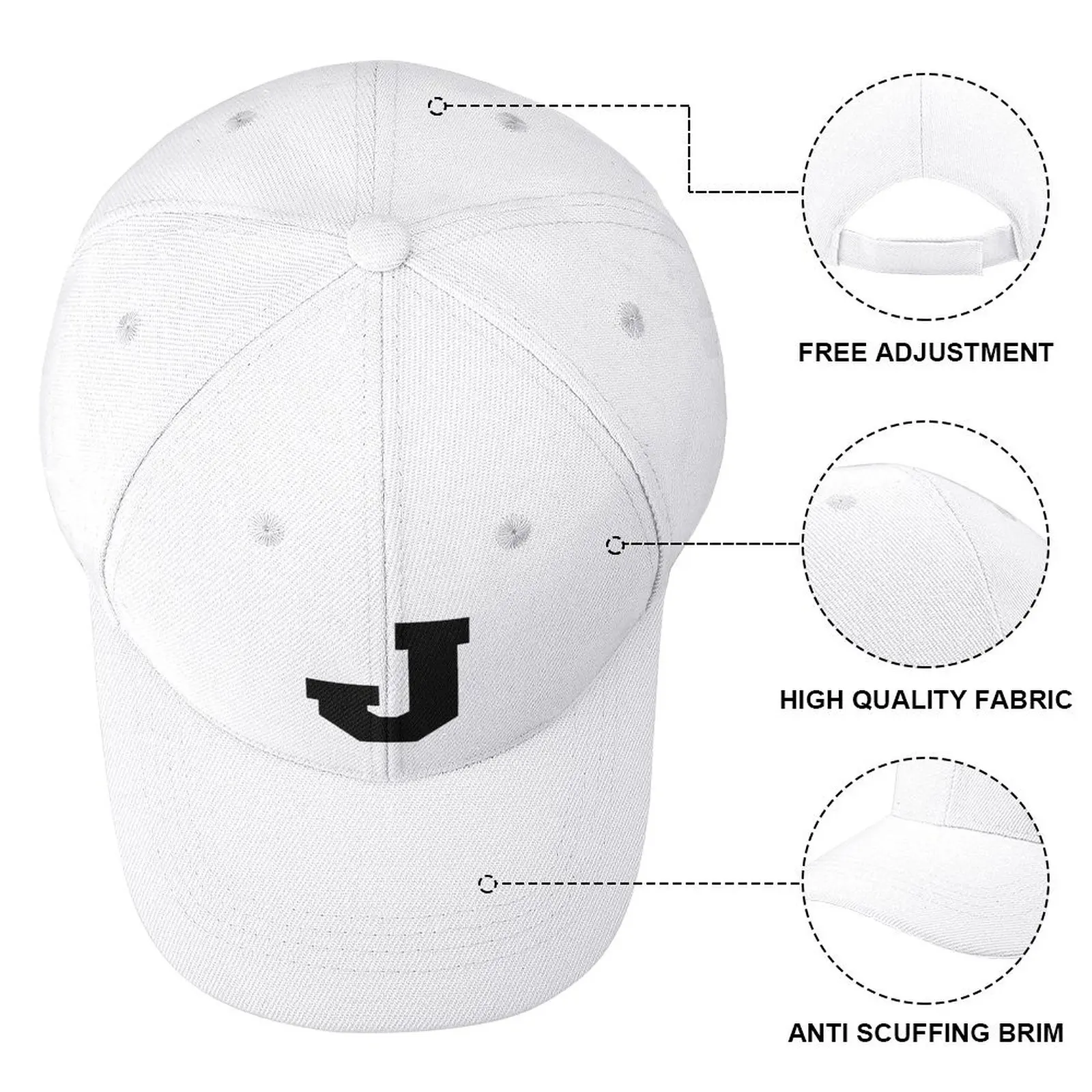 Alphabet, Black J, Sports letter J Baseball Cap dad hat Golf Hat Women Beach Fashion Men's