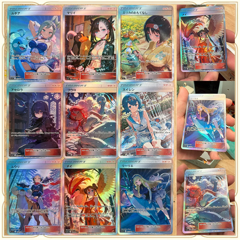 9-pc-set-anime-pokemon-diy-acg-marnie-lillie-lusamine-touko-rosa-avancado-brilhante-cartoes-colecionaveis-presente-de-aniversario-de-natal