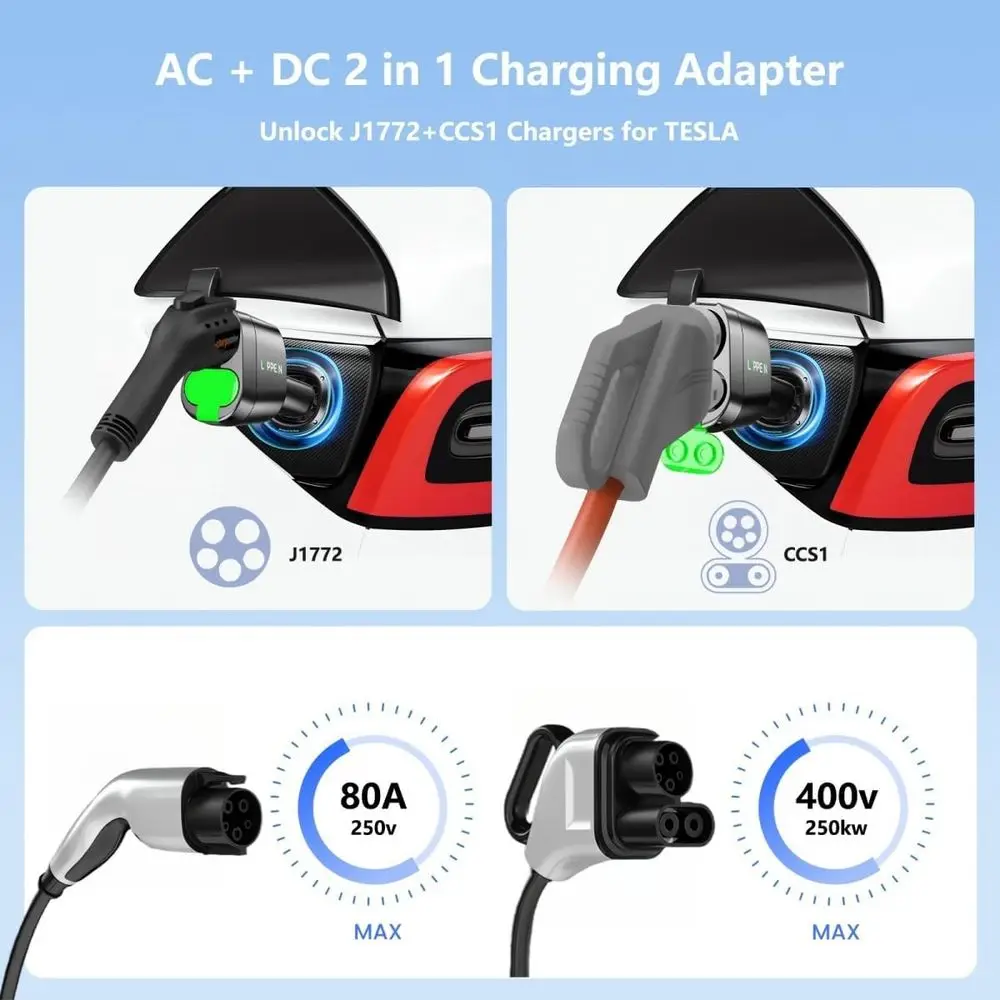 محول CCS & J1772 إلى تسلا للطراز 3/S/X/Y/Cybertrunk، محول AC+ DC 2 في 1 إلى ملحقات شاحن بطارية Tesla NACS، سريع