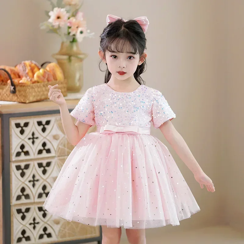 Fashion Girls Sequin Dress Lace Mesh Short Sleeve Princess Dress for Girls Summer Children Girls Party Dresses 4-14 Years