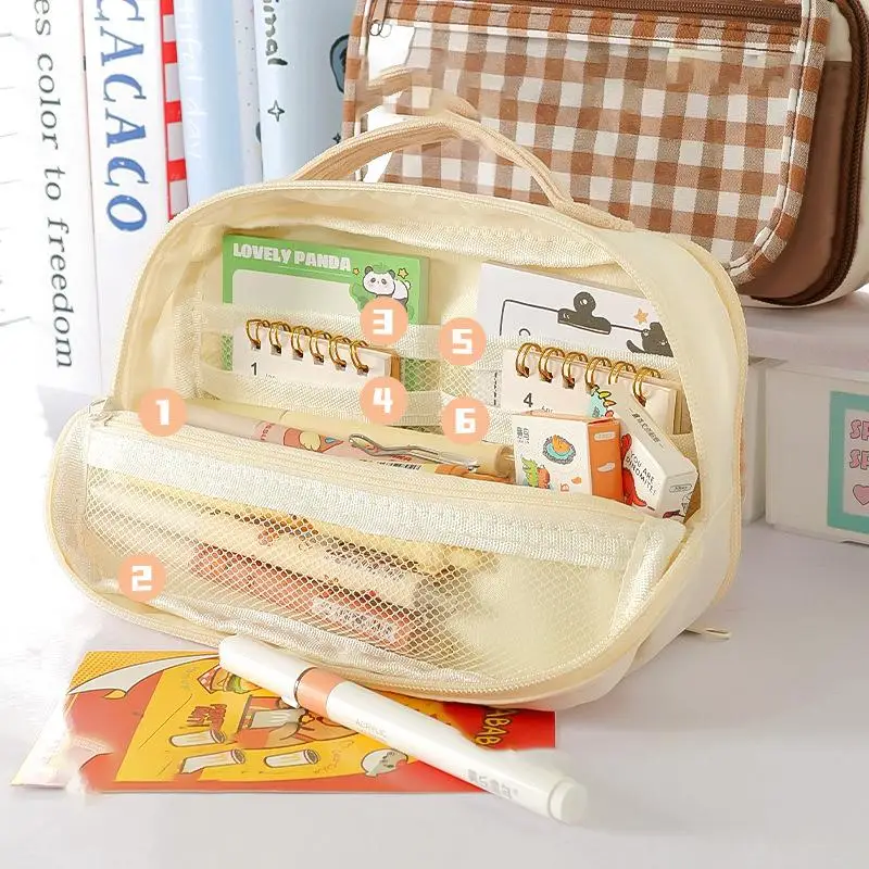 Pencil Case With Handle, Ins Mocha Plaid Large Capacity Pencil Pouch, 13-Layer Multi-Functional Pen Case With Transparent Window