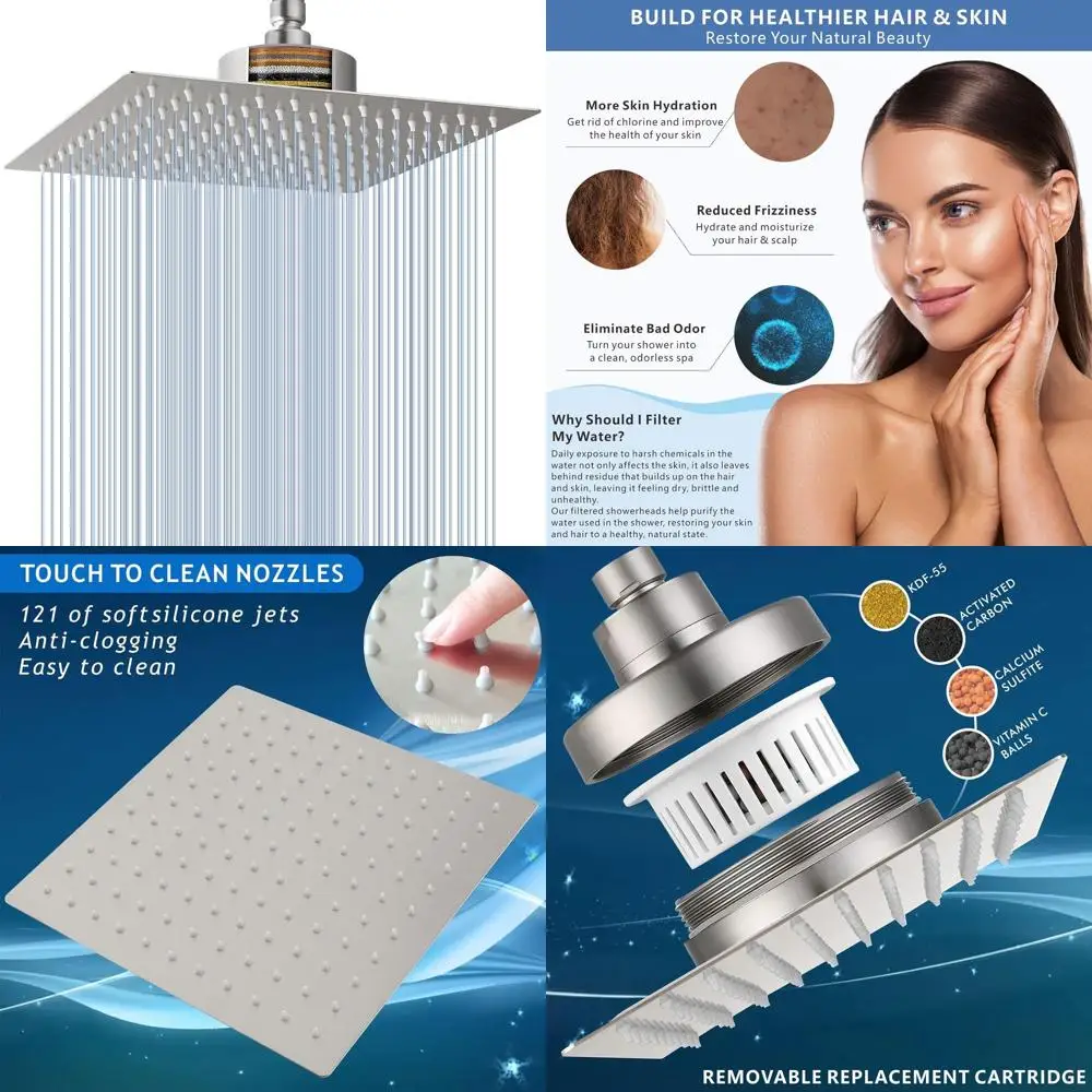 

Stainless Steel High-Flow Rainfall Shower Head with 10 Brushed Nickel Waterfall Filter for Hard Water