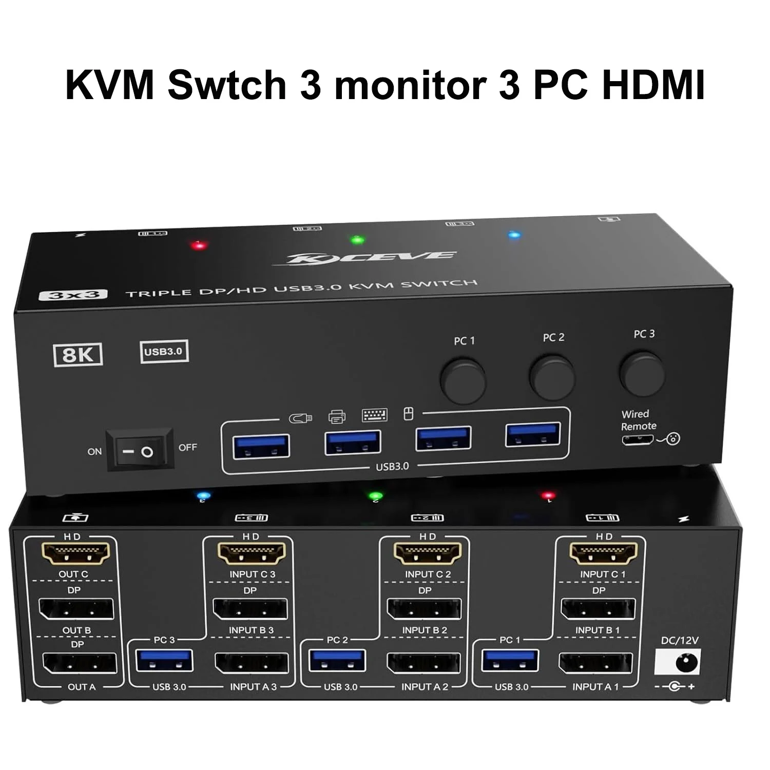 

KVM Switch 3 Monitors 3 Computers, 8K@60Hz 4K@144Hz Triple Monitor KVM, 1 HDMI + 2 Displayport KVM Switch with 4 USB 3.0 Ports