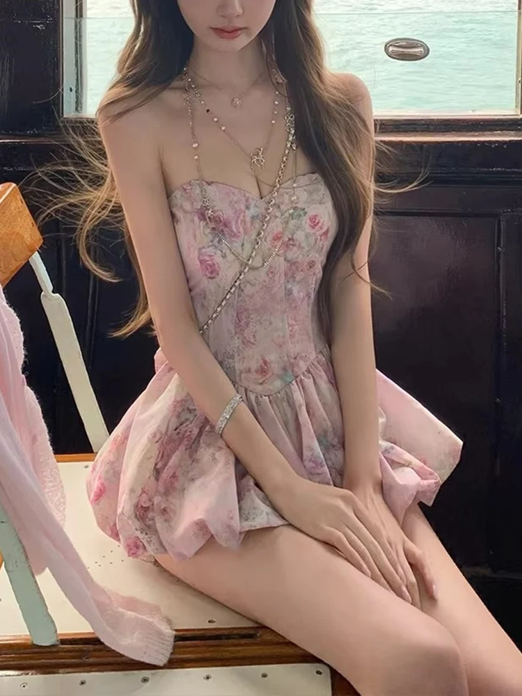 

Retro Floral Print Tube Top Dress Women's Spring Summer New Korean Style Short Pants Two-Piece Set Breathable Comfortable Skirt