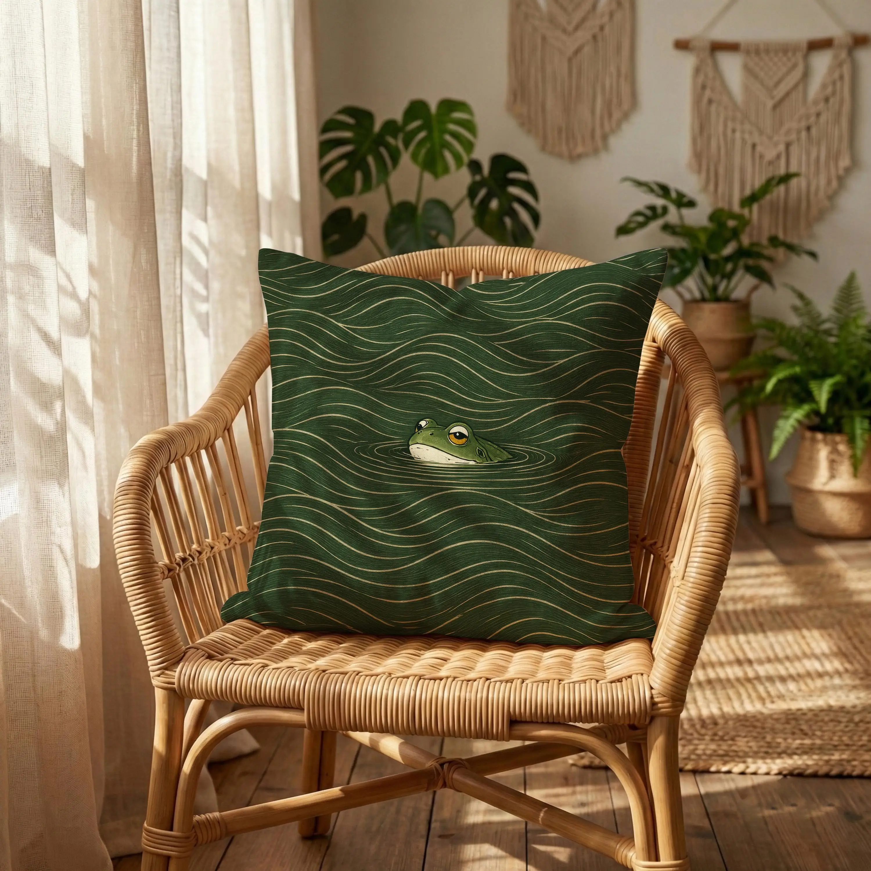 Green Frog Japan‑Di Pillow Cover, Vintage‑Style Japanese Art Pillow Cover, Pastoral‑Style Home Decor Pillow Cover