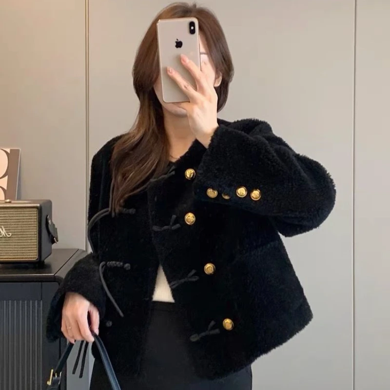 2023 Winter New Women Lamb Wool Coat Fashion Female Elegant Solid Color Round Neck Faux Fur Outwear Loose Casual Short Jacket