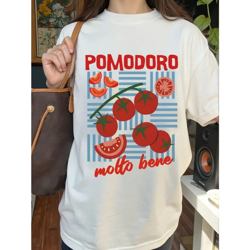 

Women's Summer Fruit Tomato Letters Printed T-shirt Casual Loose Round Neck Cotton T-shirt Four Seasons Pattern Harajuku T-shirt
