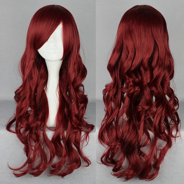 Peruca longa de cabelo sintético encaracolado para senhoras, vermelho escuro, festa