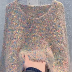 2024 Spring and Autumn Lazy Wind Color Dot Sweater Female V-neck Pullover Short Thickened Top Knitted Sweater