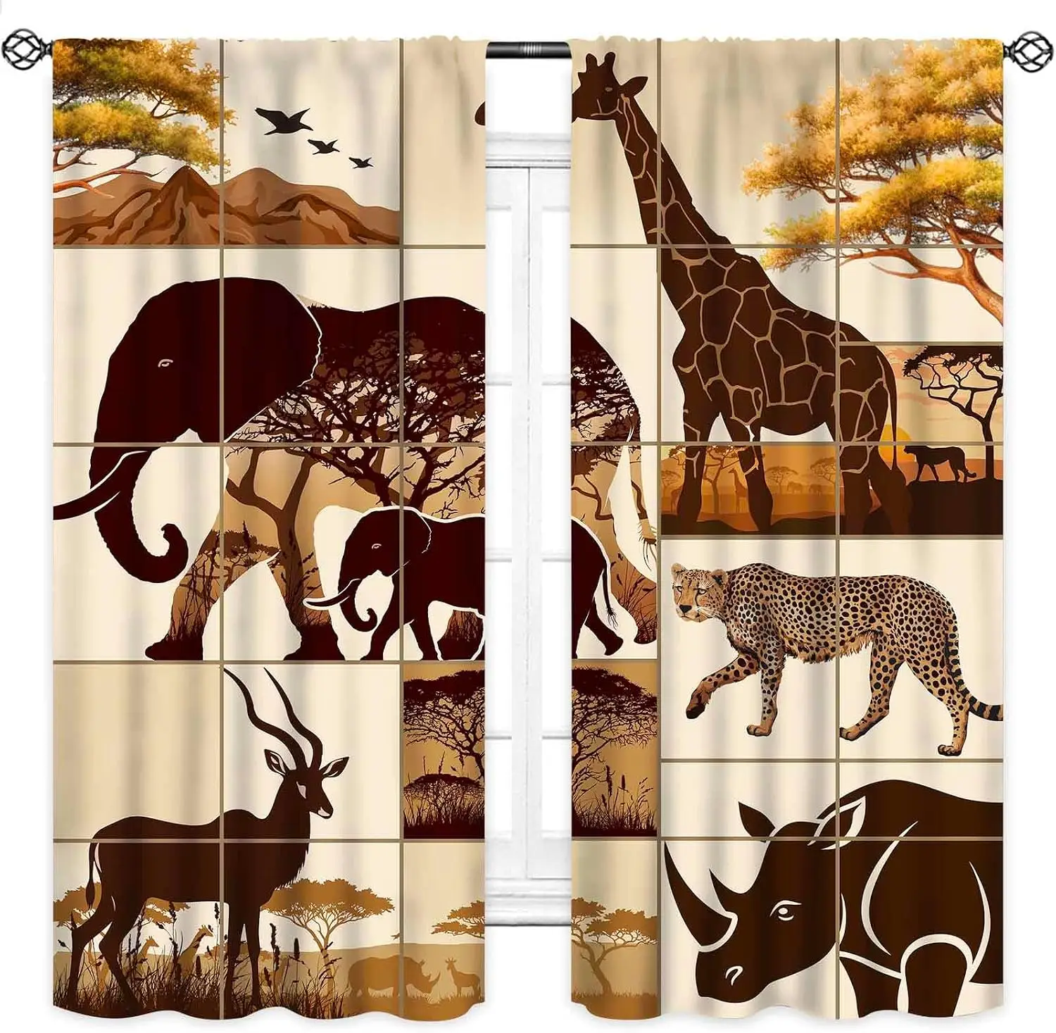 Vintage Safari Wildlife Silhouette Grid Print Blackout Rod Pocket Curtain Warm Earth Zen Luxury Homestay Bedroom Rest Window