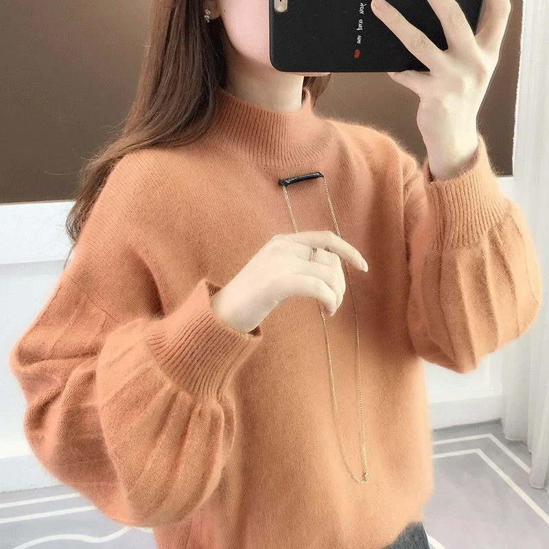 New Autumn/Winter Fashion Korean Edition Half High Neck Lantern Sleeves Large Loose Versatile Slim Women\'s Knitted Sweater