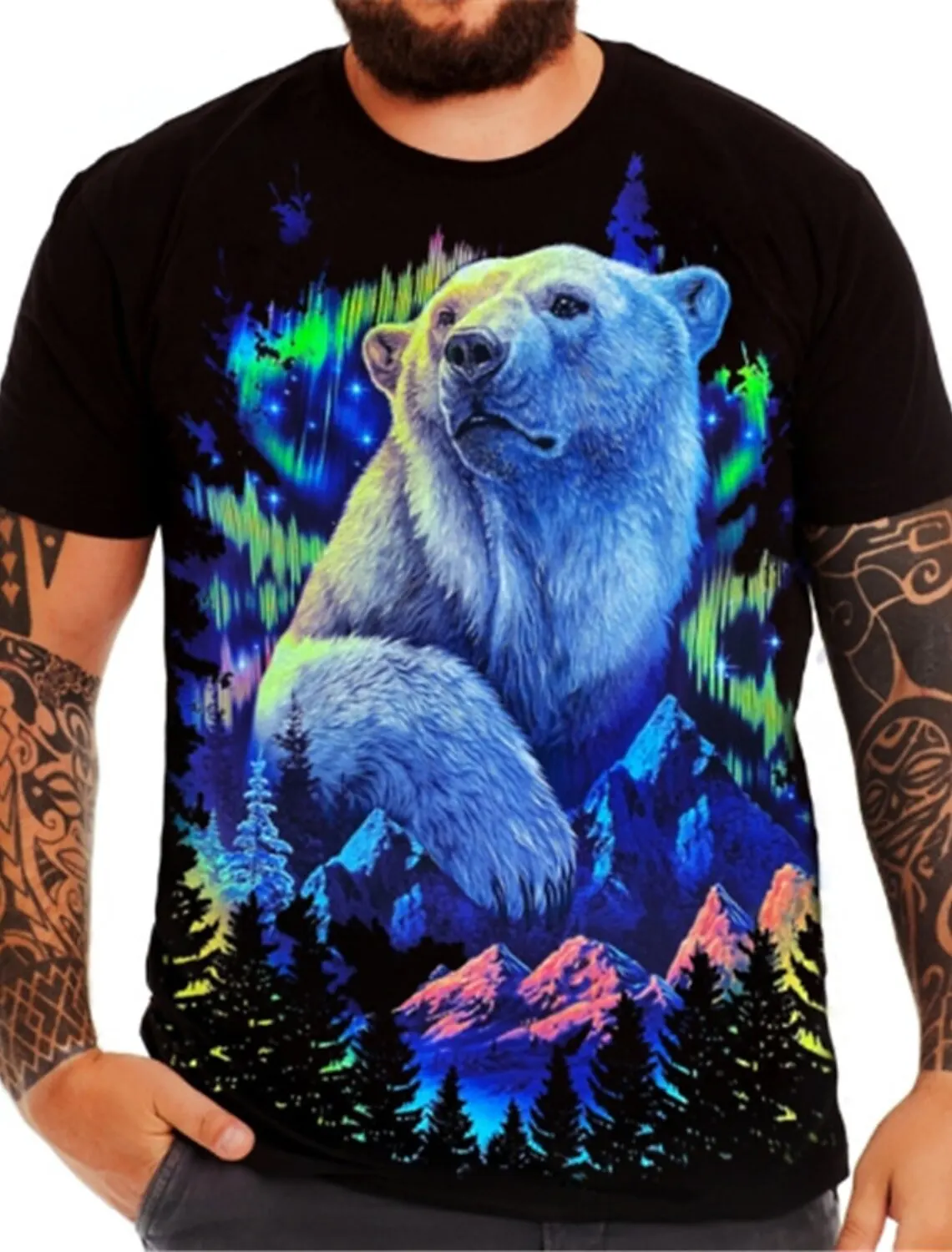 Polar Bear Print Men\'s Handsome T-Shirt New Summer Casual Mens Outdoor Short Sleeve Lightning Pattern Comfortable Streetwear Top