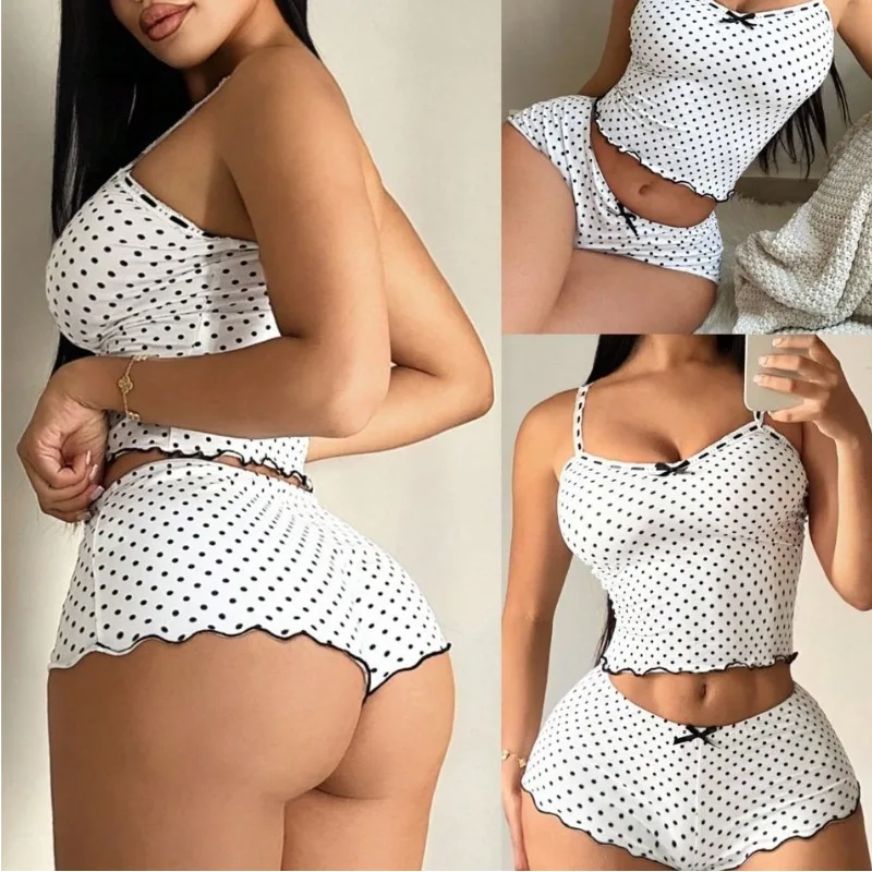 Cute Polka Dot Home Outfit for Women Summer Season Short Sleeve round Neck  Knot Design Comfortable Sleepwear Set
