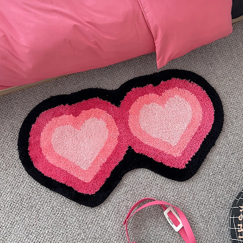 Tufting Black Pink Living Room Carpet Cool Heart Shape Rug Bedroom Bedside Mat Door Floor Anti Slip Pad Aesthetic Home Decor