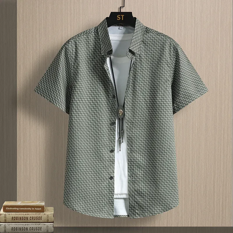 

Men's Houndstooth Plaid Patchwork Short Sleeve Button Down Shirt Casual Loose Top