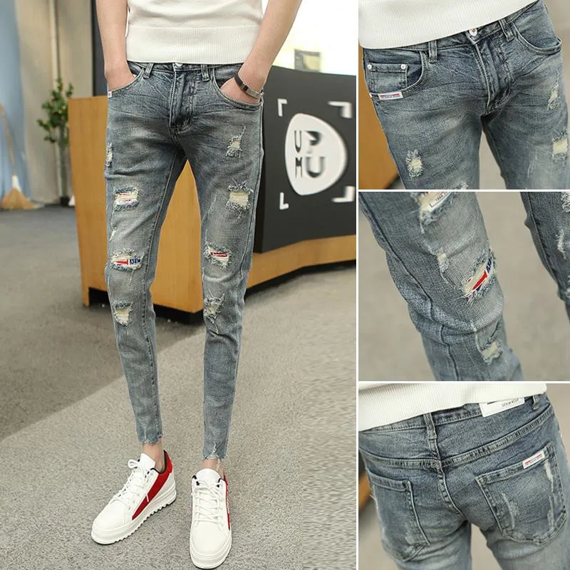 

Trendy 2022 Men's Jeans Summer Ankle Length Pants Ripped Hole Trendy Slim Skinny Feet Pants Social Guy Teenagers Jeans Men