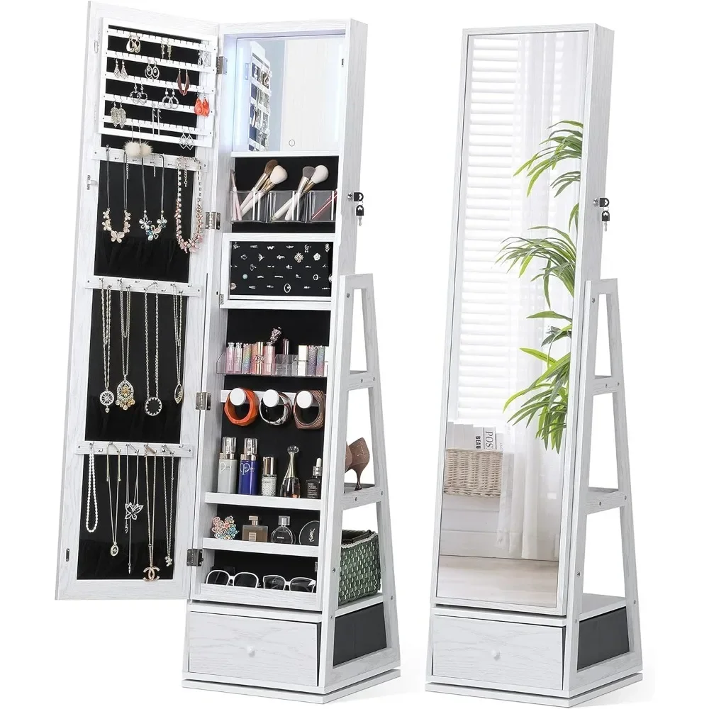 360° Swivel Jewelry Cabinet with Lights, Touch Screen Vanity Mirror, Rotatable Full-Length Mirror, Foldable Makeup Shelf