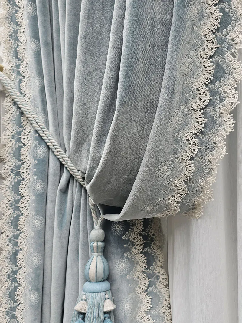 Lace Blue Grey Embroidery Velvet Thickened Blackout Curtains for Living Room Bedroom French Window Balcony Villa Customized