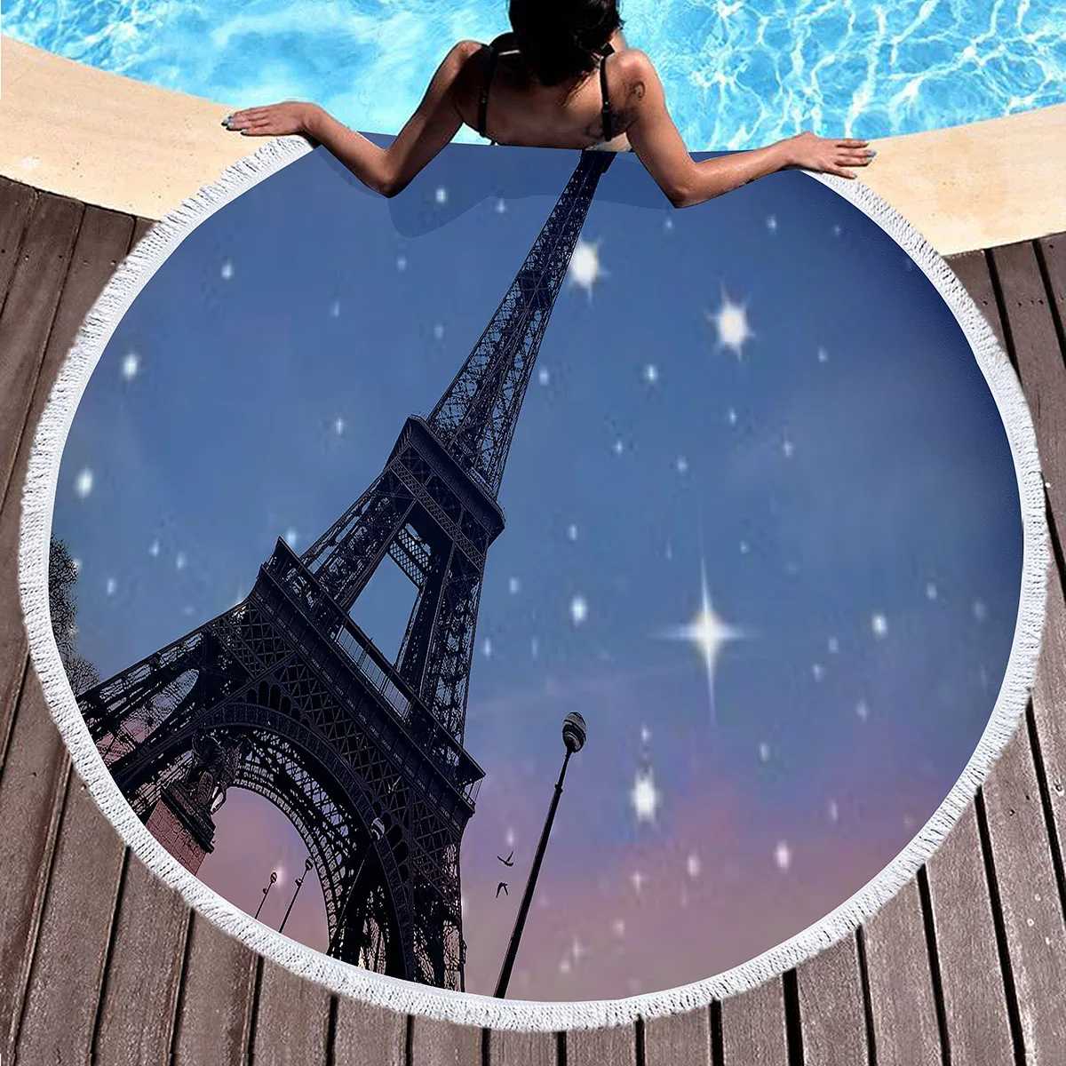 Romantic Theme Eiffel Tower Round Beach Towel,Sand Free Lightweight Beach Blanket,Soft Absorbent Quick Dry Pool Towel Picnic Mat
