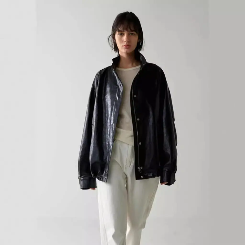 F*Cade P*Ttern レザージャケット 女性用 ルーズスタンドアップカラー バイクスタイルシルエット 通勤トップ 春夏秋用