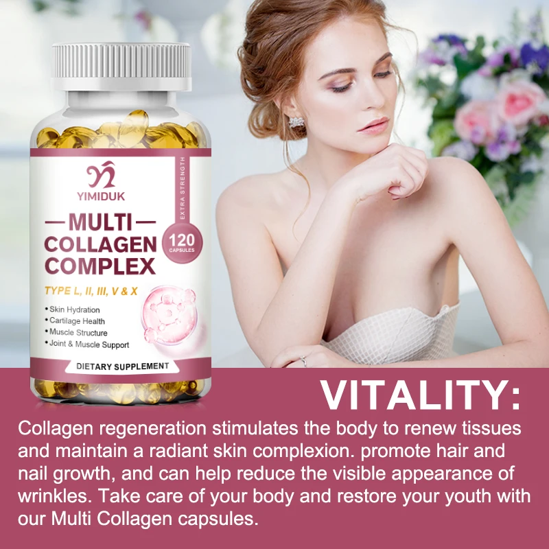 Multi-Collagen Pills with Hyaluronic Acid and Vitamin C, 5 Hydrolyzed Collagen Peptides, Type I II III VX Capsules