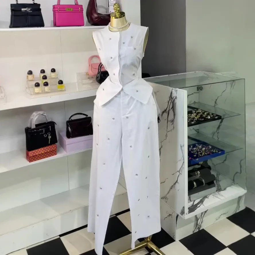 

Women's 2026 Summer New Temperament Round Neck Sleeveless Diamond Vest Vest High Waist Trousers Set