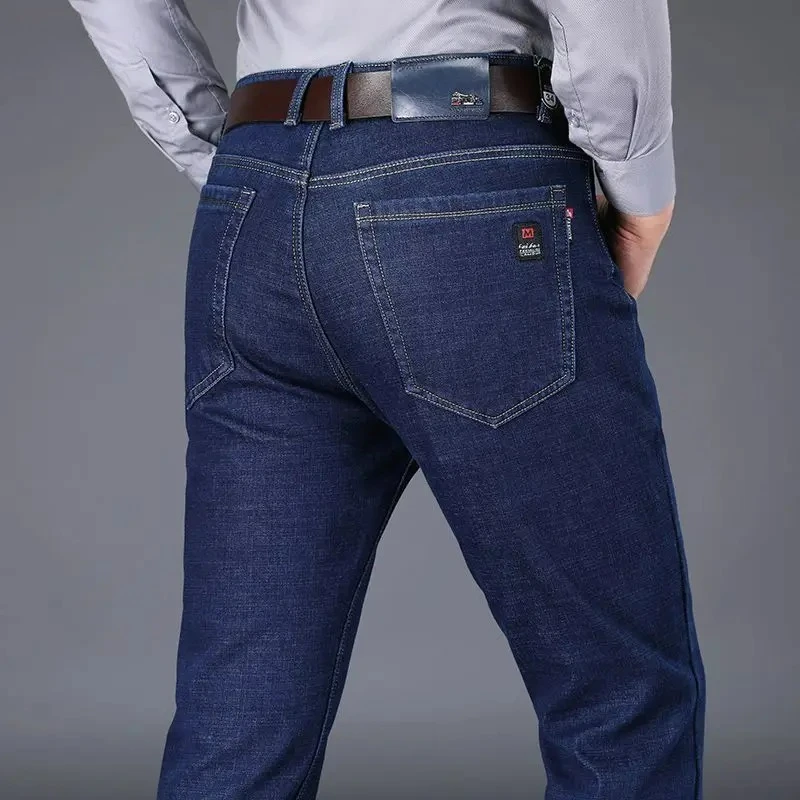 

Autumn and Winter New Male Business Casual Stretch Trousers Concise Blue Denim Pants Men's Loose Straight Jeans Jeans for Man