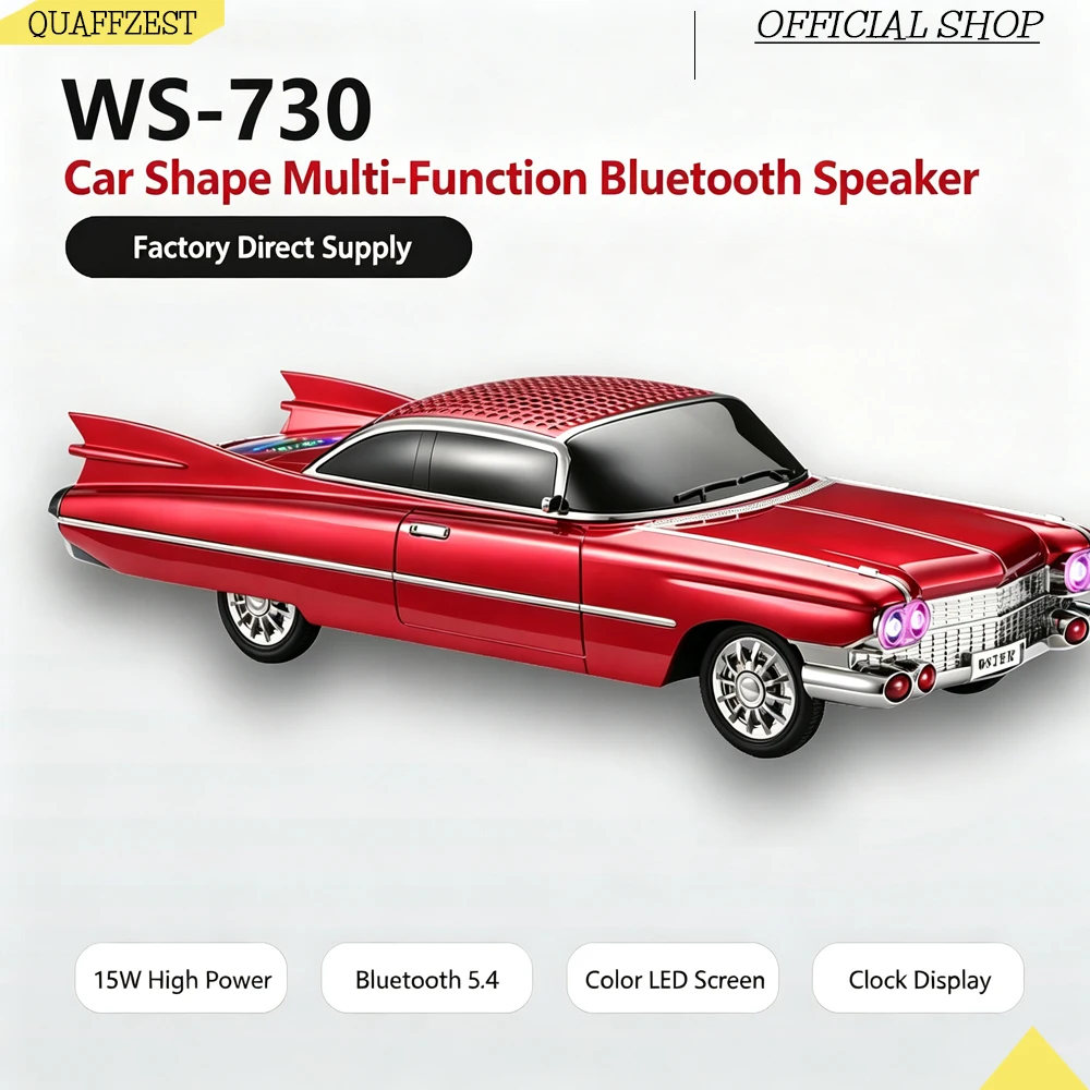 Retro Classic Car Bluetooth Speaker WS-730 Wireless Audio HIFI Boombox with Large LED Alarm Clock Screen, Support TF USB FM TWS
