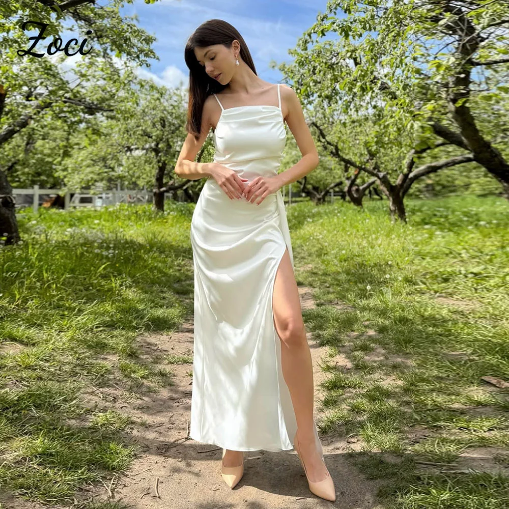 

Zoci Sexy Satin Mermaid Prom Dresses Spaghetti Straps Formal Evening Gown Customized Side Slit Women Wedding Engagement Gown