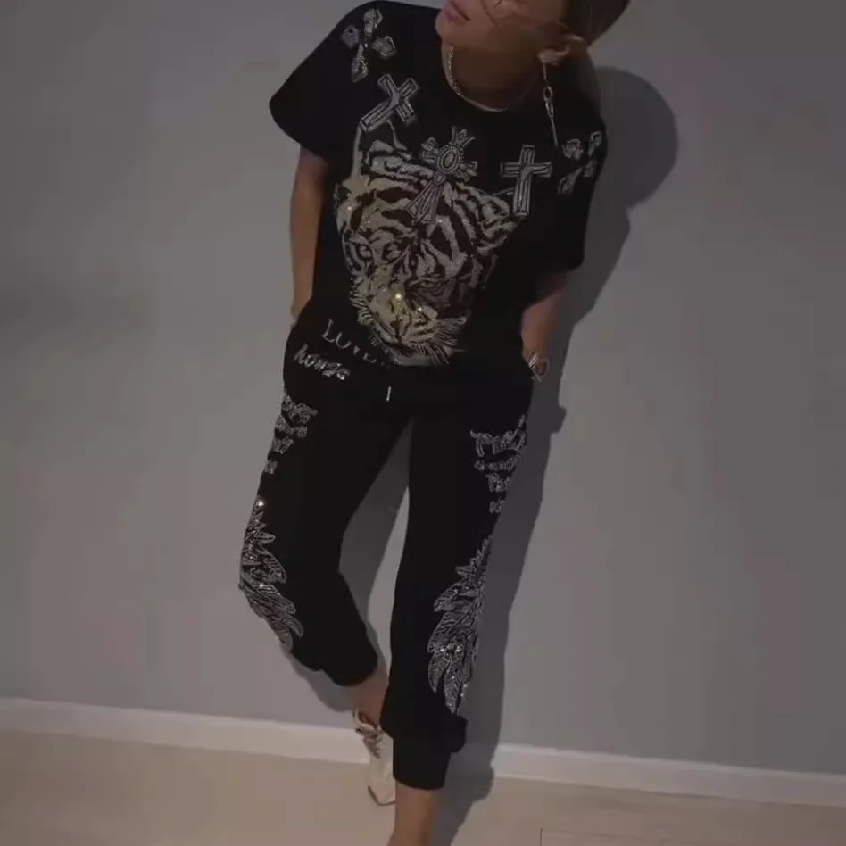 Primavera feminino terno impressão o pescoço manga curta topo rendas até calças compridas ternos feminino novo casual elegante na moda roupas das senhoras
