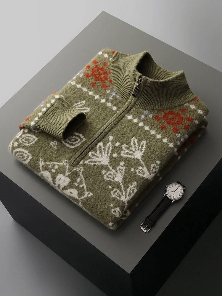Vintage Autumn Winter Clothes Men's Sweater Pullover 100% Cashmere Sweater Half Open Collar Zip Thick Warm Jacquard Smart Casual