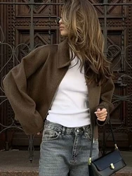 HH Women's Solid Colour Zip Tweed Jacket Fashion 2025 Female Loose Lapel Warm Street Jackets Simple Lapel Street Top Coat