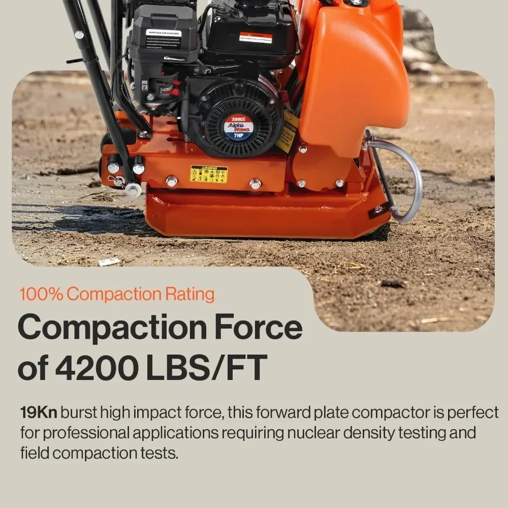 Plate Compactor with Water Tank - Enhanced for Dirt & Asphalt, 7HP 4-Stroke Engine, 5500VPM, 4200lbs Impact, 20x15 Inch Base